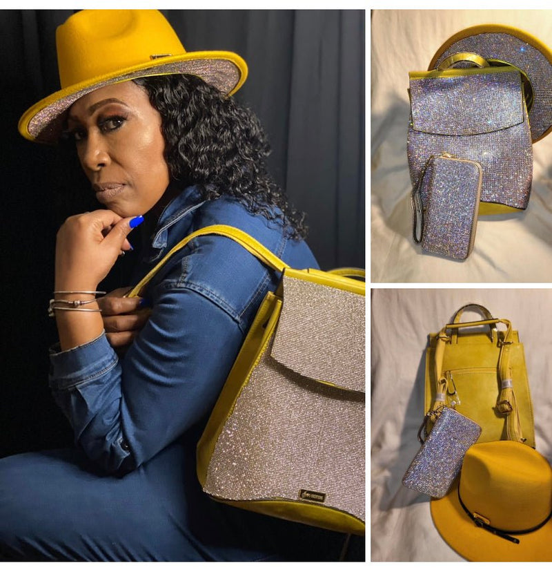 MUSTARD BLING BACKPACK,BLING FEDORA HAT, WITH BLING WALLET