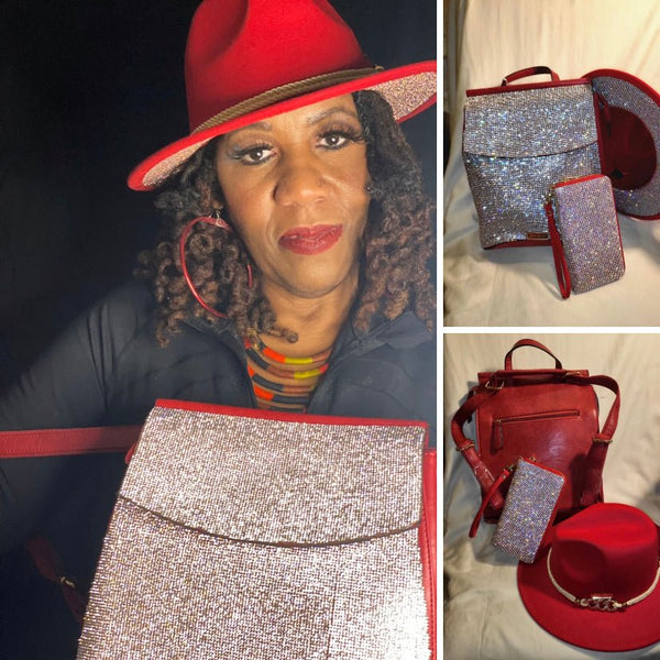 RED BLING BACKPACK, FEDORA BLING HAT, WITH BLING WALLET