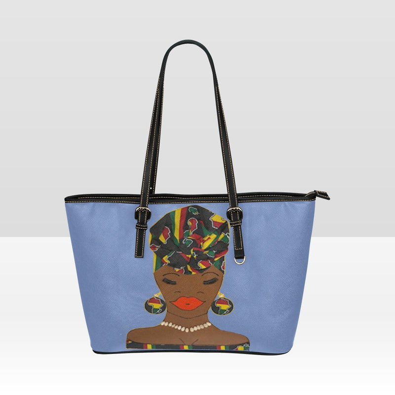 Headwrap blue large tote Leather Tote Bag/Large (Model 1651)