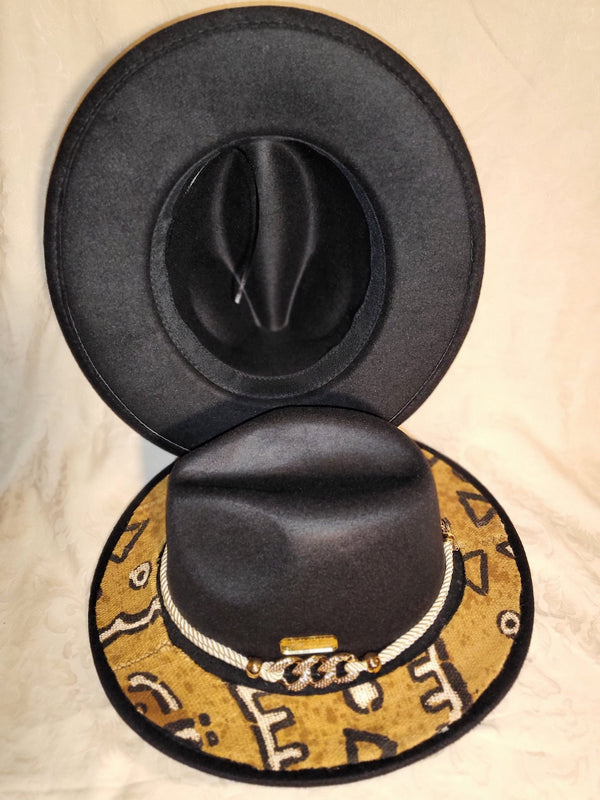 UNISEX FEDORA HAT WITH MUDCLOTH ON TOP OF THE BRIM (BLACK 2 STYLES)