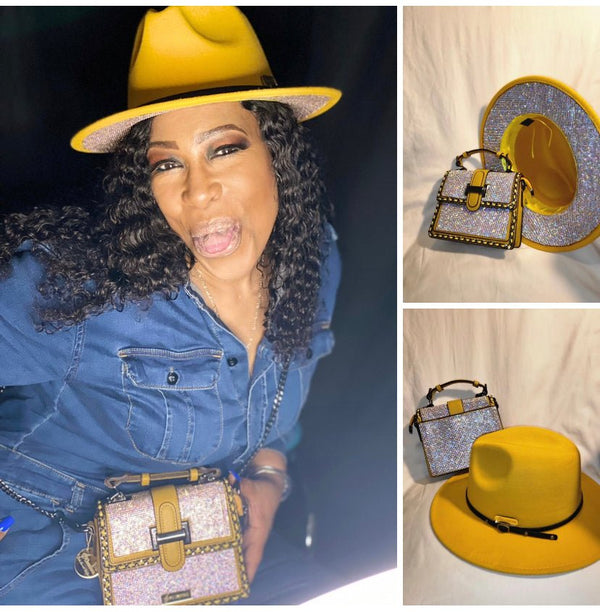 MUSTARD SQUARE BLING BAG, WITH BLING FEDORA HAT