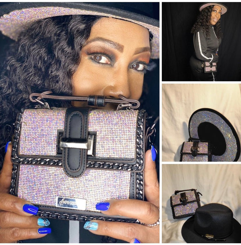 BLACK SQUARE BLING BAG WITH FEDORA HAT