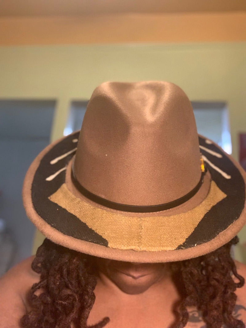 UNISEX FEDORA HAT WITH MUDCLOTH FABRIC ON TOP OF THE BRIM (CARAMEL 2 STYLES)