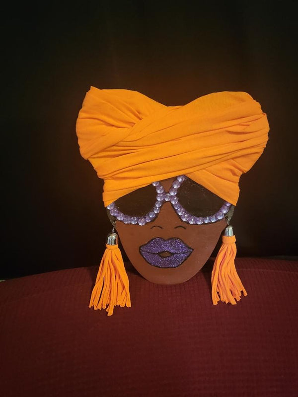 WOOD PLAQUE AFRO PUFFS WITH ORANGE HEADWRAP